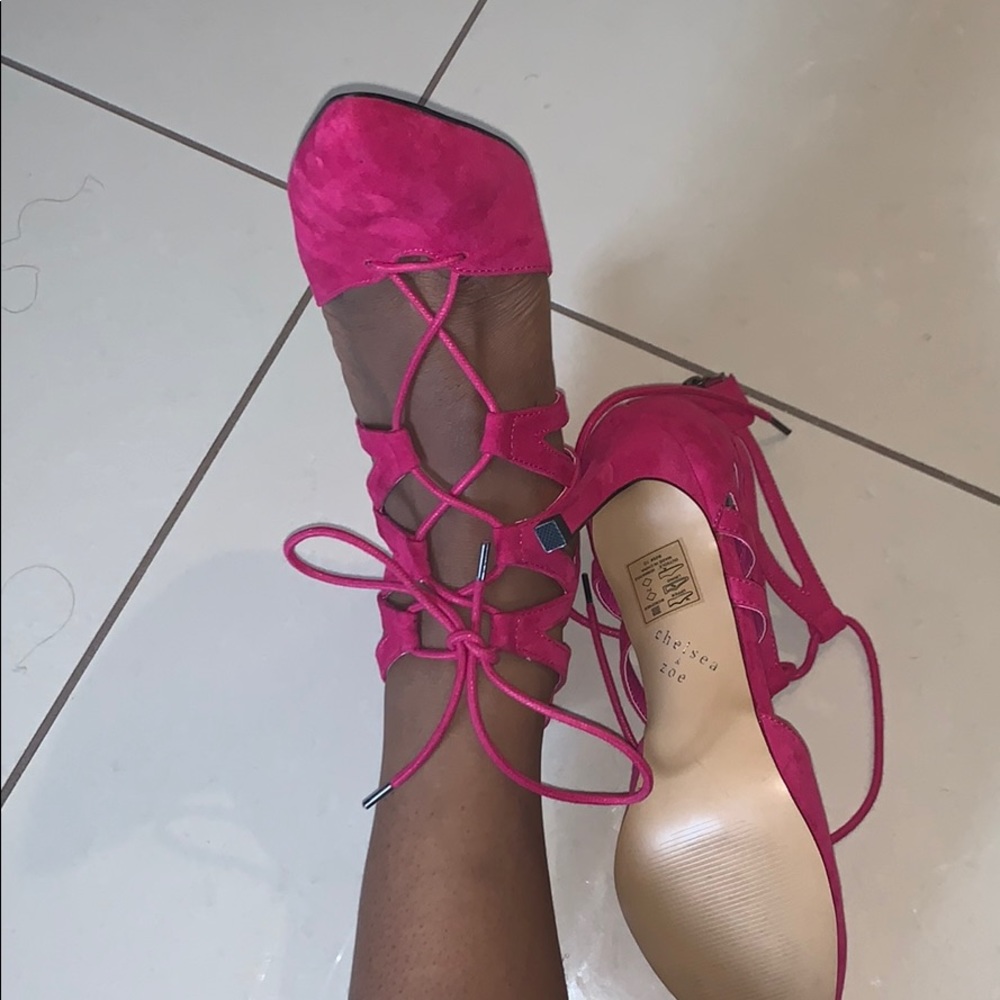Hot pink lace up heels - Picture 6 of 6